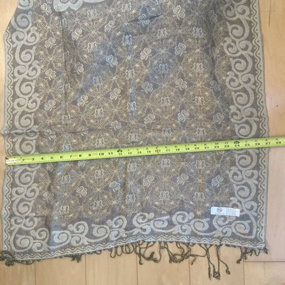 GOLD GLAM Metallic Thread Large Shawl Scarf With Tassels And Butterfly Print